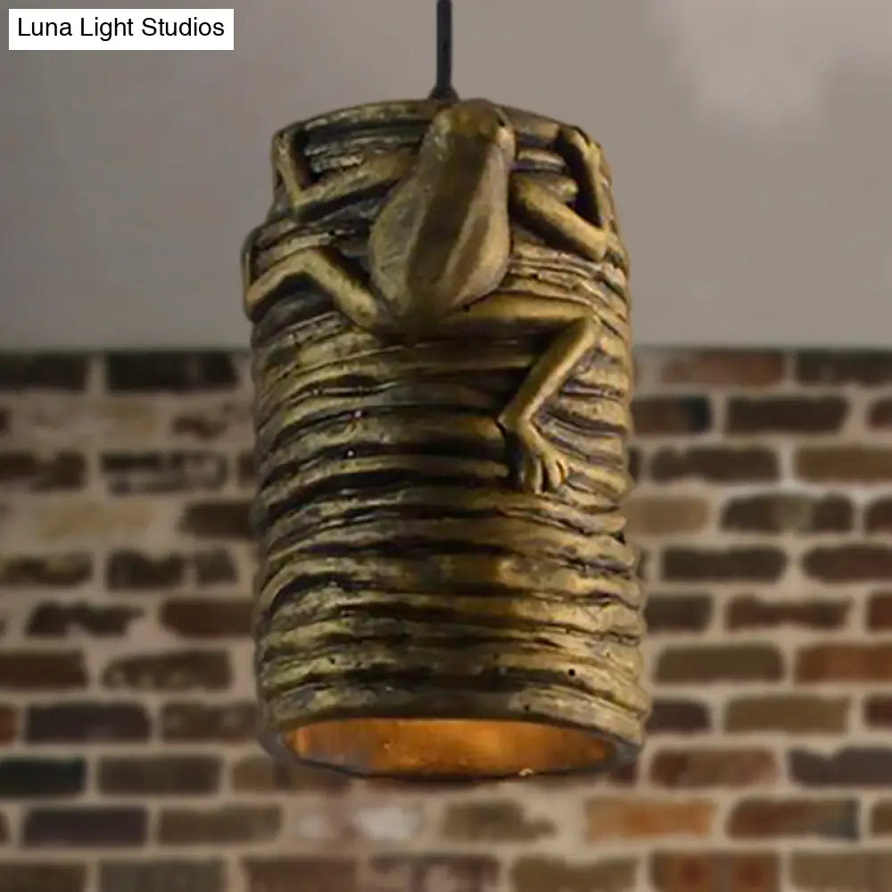 Industrial Frog Deco Cylinder Pendant Light: 1-Light Cement And Resin Lamp In Brass/Black/Grey For