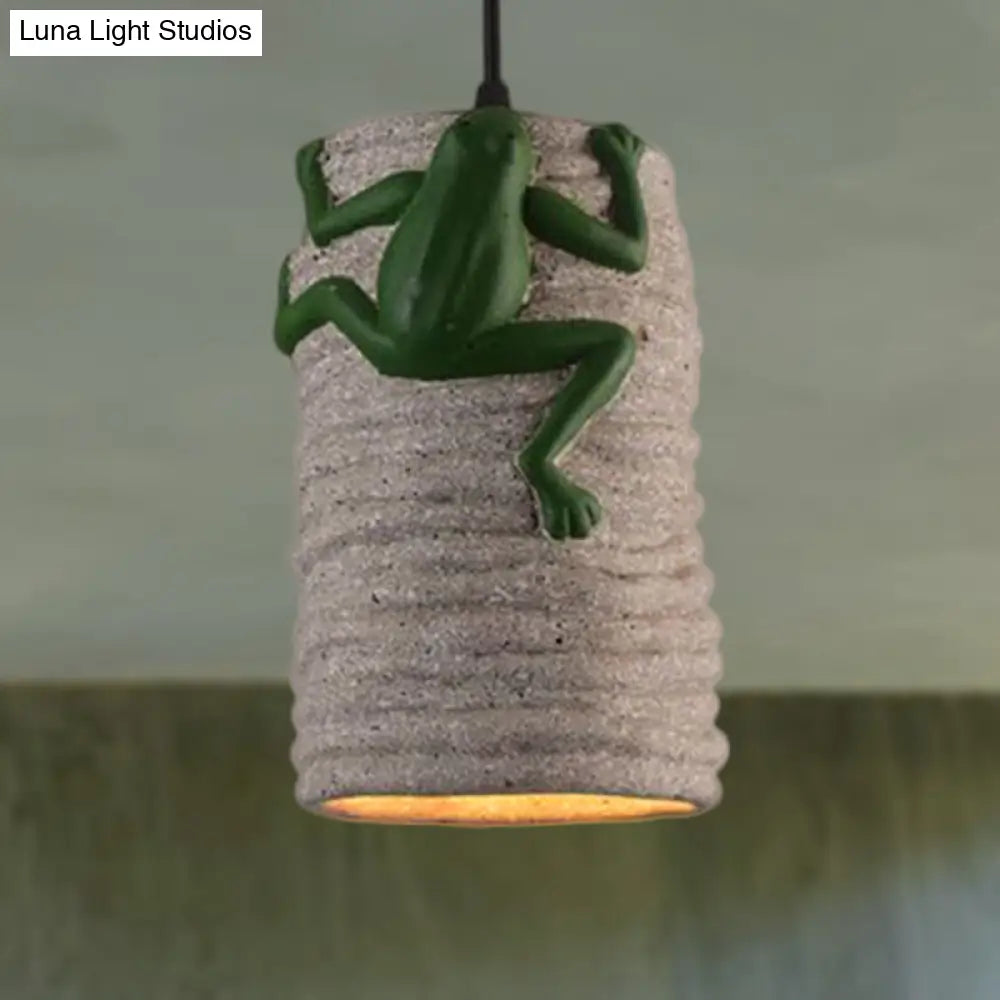 Industrial Frog Deco Cylinder Pendant Light: 1-Light Cement And Resin Lamp In Brass/Black/Grey For