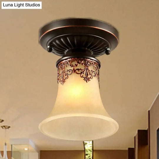 Frost Beige Glass Semi-Flush Mount Light With Retro Flair And Filigree Detailing