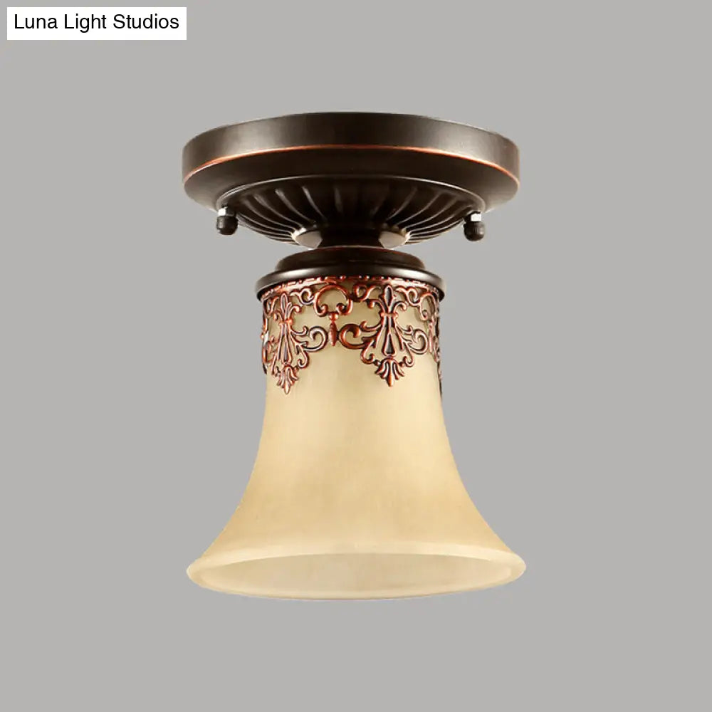 Frost Beige Glass Semi - Flush Mount Light With Retro Flair And Filigree Detailing