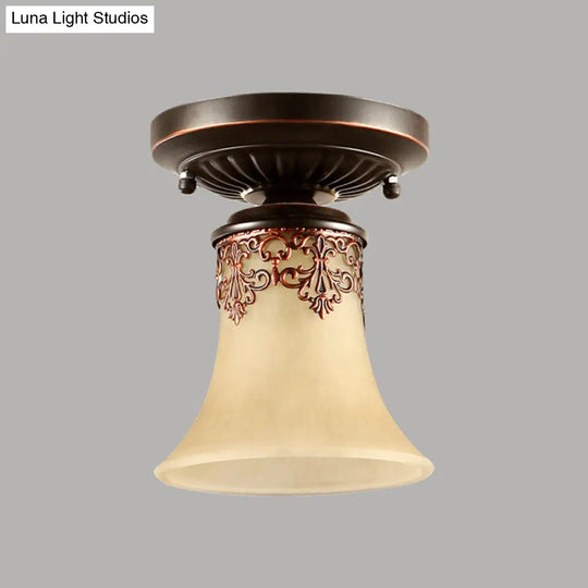 Frost Beige Glass Semi - Flush Mount Light With Retro Flair And Filigree Detailing