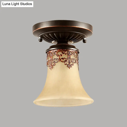 Frost Beige Glass Semi-Flush Mount Light With Retro Flair And Filigree Detailing