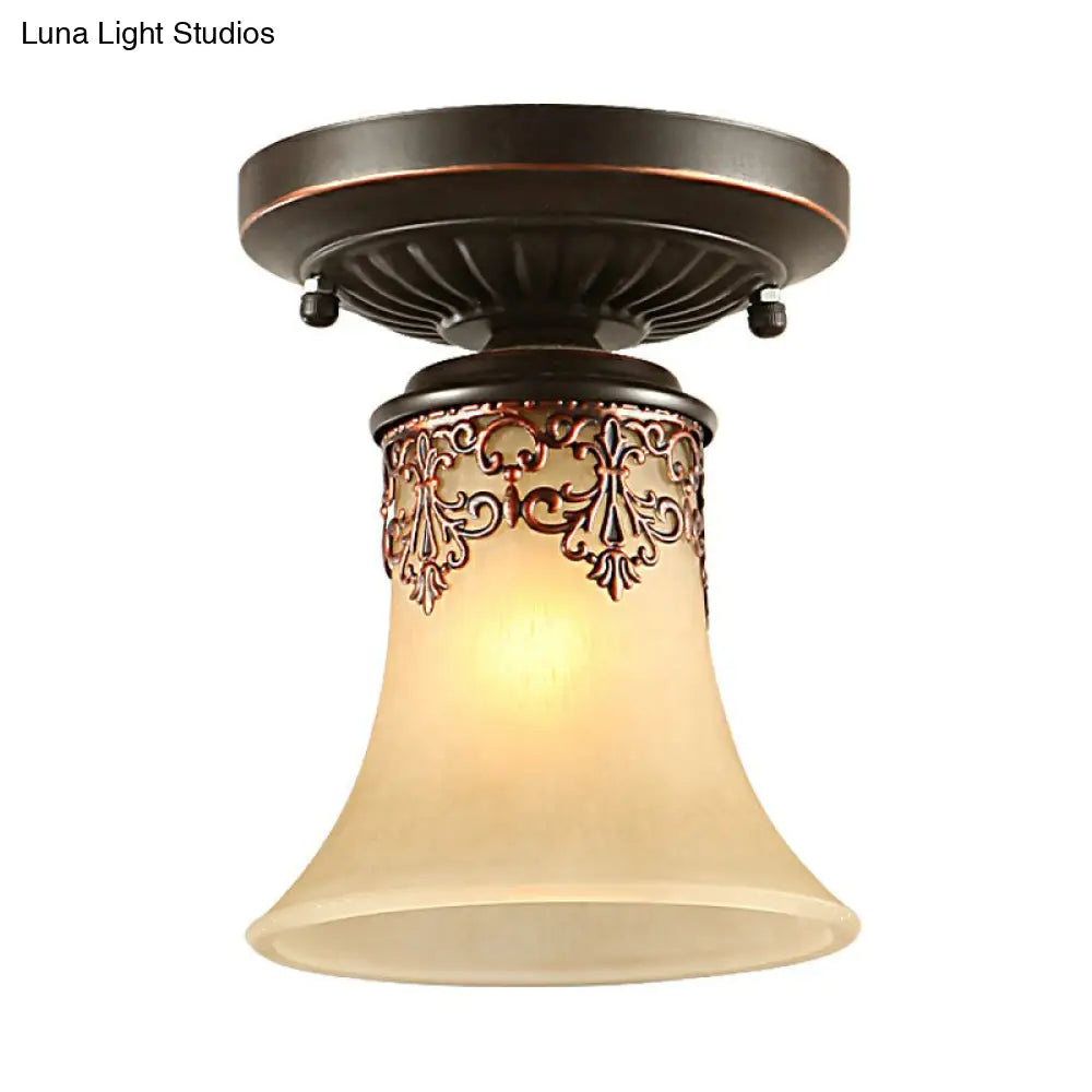 Frost Beige Glass Semi - Flush Mount Light With Retro Flair And Filigree Detailing