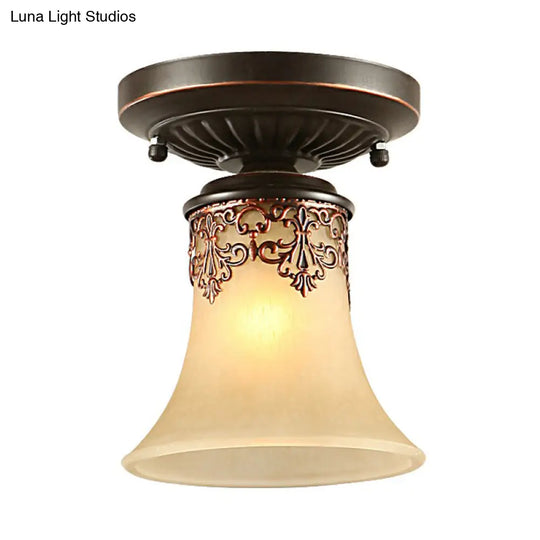 Frost Beige Glass Semi - Flush Mount Light With Retro Flair And Filigree Detailing