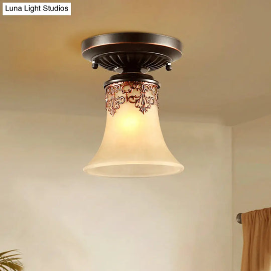 Frost Beige Glass Semi-Flush Mount Light With Retro Flair And Filigree Detailing