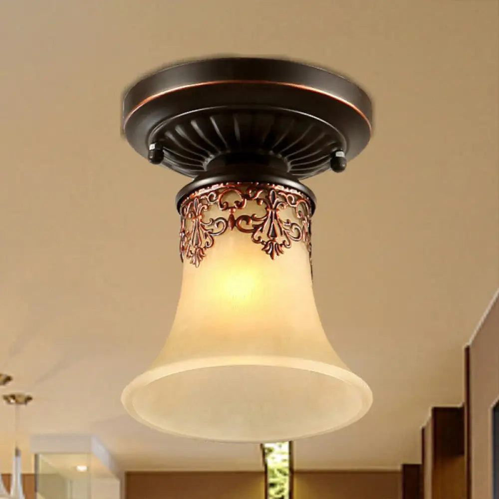 Frost Beige Glass Semi - Flush Mount Light With Retro Flair And Filigree Detailing