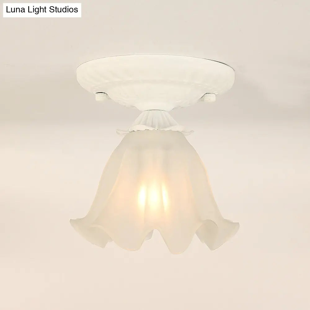 Frost Glass Ruffle Semi Flush Ceiling Light - Single - Bulb Pastoral Bedroom Fixture