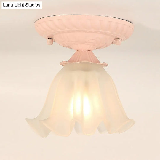 Frost Glass Ruffle Semi Flush Ceiling Light - Single-Bulb Pastoral Bedroom Fixture