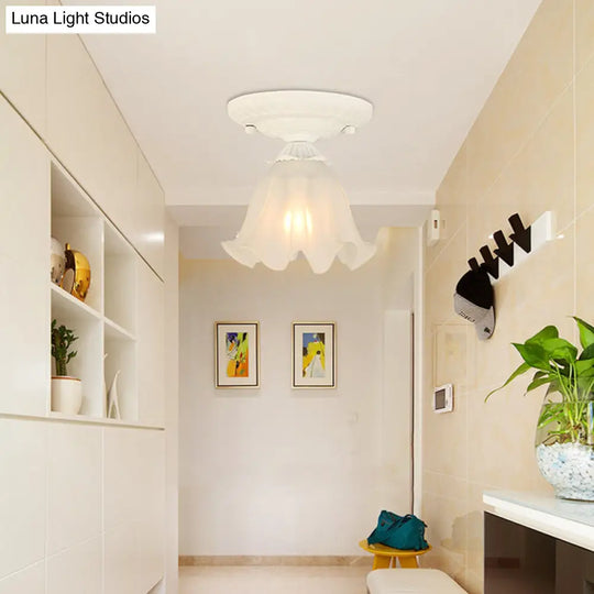 Frost Glass Ruffle Semi Flush Ceiling Light - Single - Bulb Pastoral Bedroom Fixture