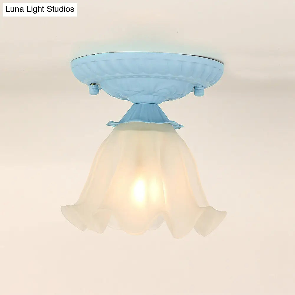 Frost Glass Ruffle Semi Flush Ceiling Light - Single-Bulb Pastoral Bedroom Fixture Blue