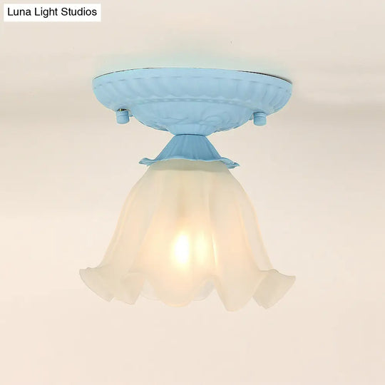 Frost Glass Ruffle Semi Flush Ceiling Light - Single-Bulb Pastoral Bedroom Fixture Blue