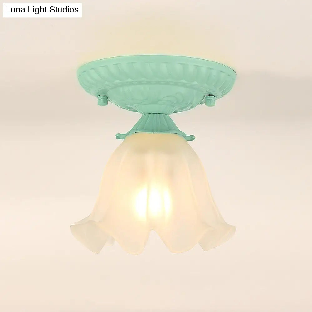 Frost Glass Ruffle Semi Flush Ceiling Light - Single-Bulb Pastoral Bedroom Fixture Green