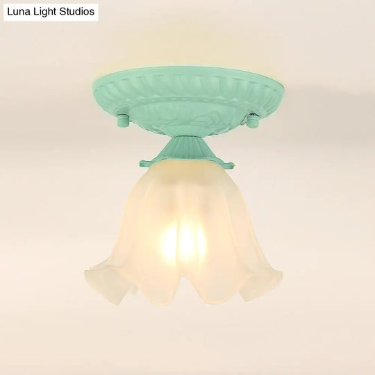Frost Glass Ruffle Semi Flush Ceiling Light - Single-Bulb Pastoral Bedroom Fixture Green