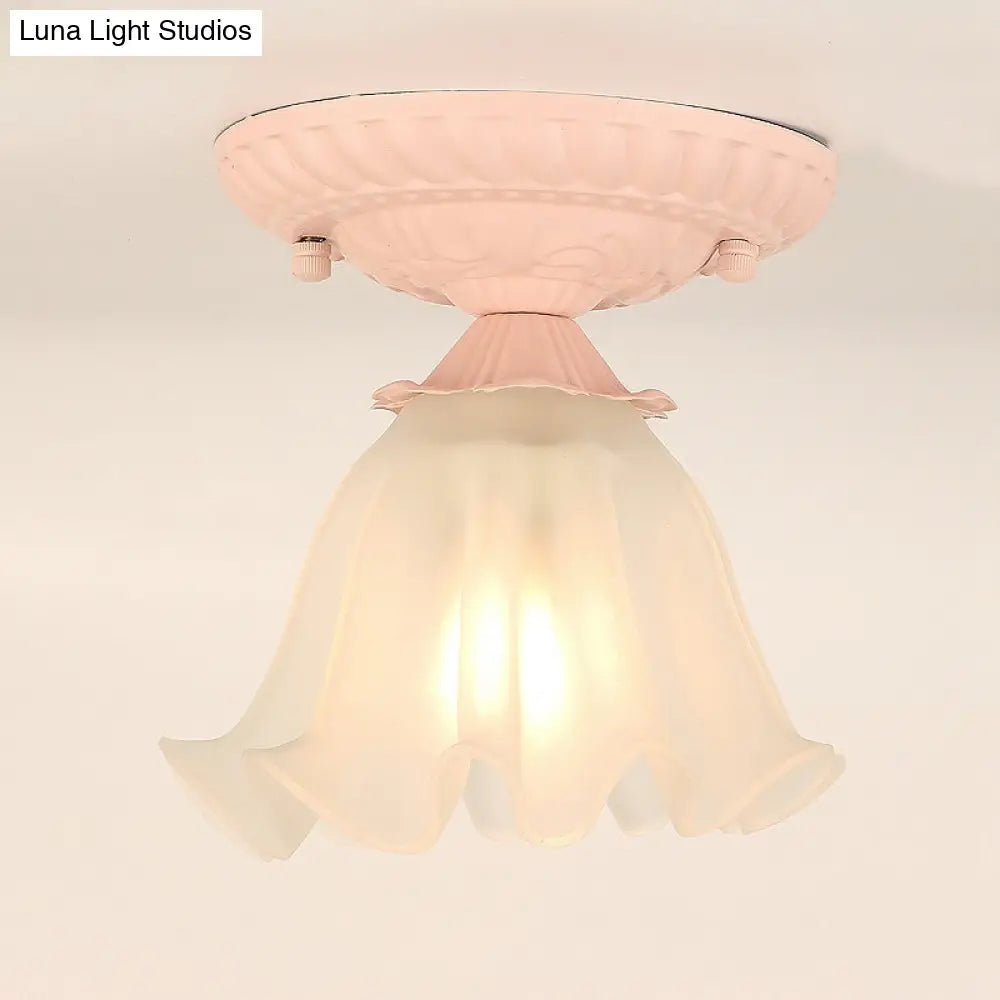 Frost Glass Ruffle Semi Flush Ceiling Light - Single - Bulb Pastoral Bedroom Fixture