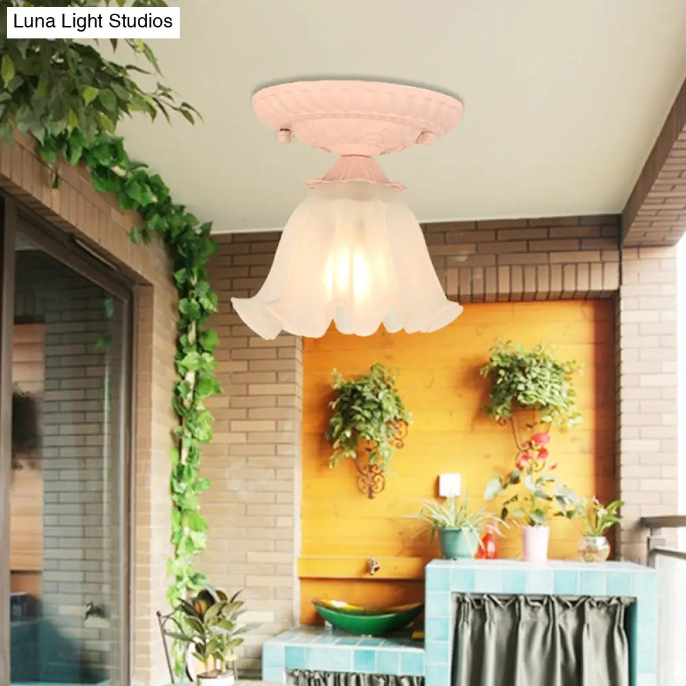 Frost Glass Ruffle Semi Flush Ceiling Light - Single-Bulb Pastoral Bedroom Fixture Pink