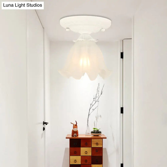 Frost Glass Ruffle Semi Flush Ceiling Light - Single-Bulb Pastoral Bedroom Fixture White