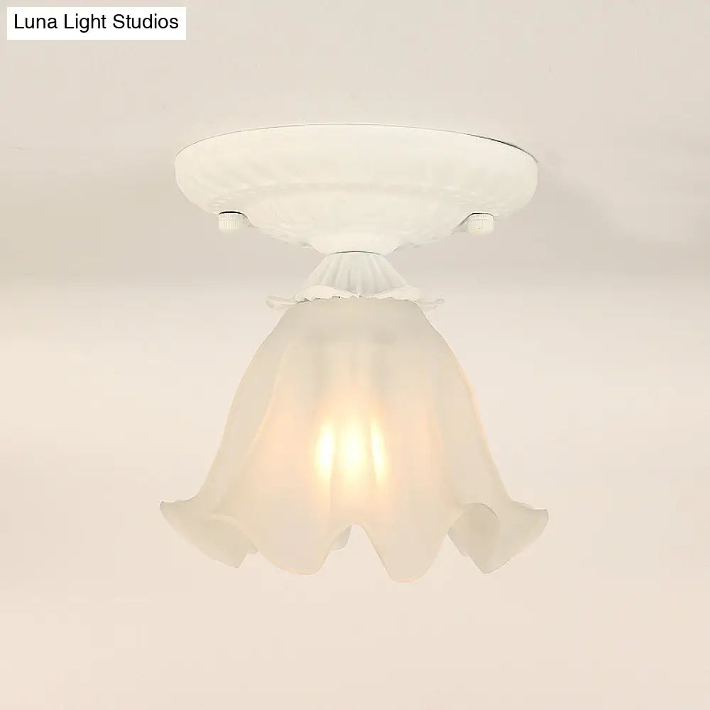 Frost Glass Ruffle Semi Flush Ceiling Light - Single-Bulb Pastoral Bedroom Fixture