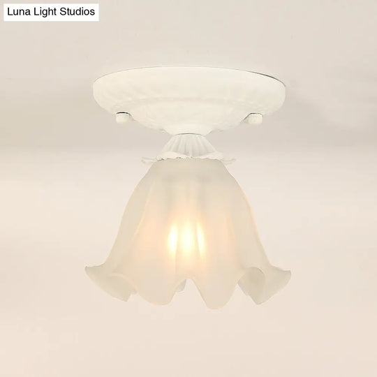 Frost Glass Ruffle Semi Flush Ceiling Light - Single-Bulb Pastoral Bedroom Fixture