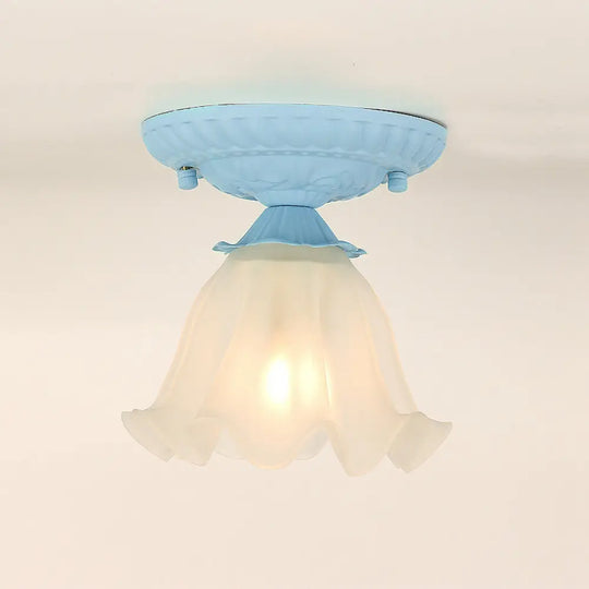 Frost Glass Ruffle Semi Flush Ceiling Light - Single - Bulb Pastoral Bedroom Fixture Blue