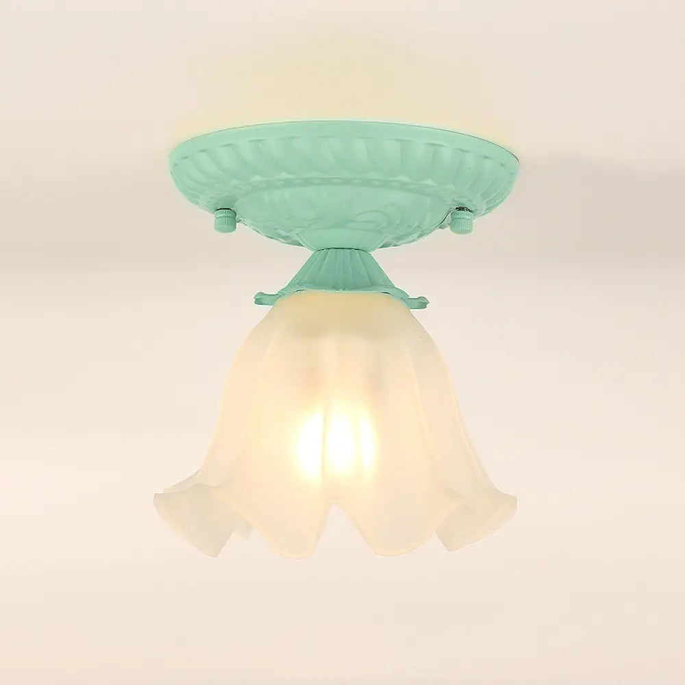 Frost Glass Ruffle Semi Flush Ceiling Light - Single - Bulb Pastoral Bedroom Fixture Green