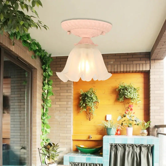 Frost Glass Ruffle Semi Flush Ceiling Light - Single - Bulb Pastoral Bedroom Fixture Pink
