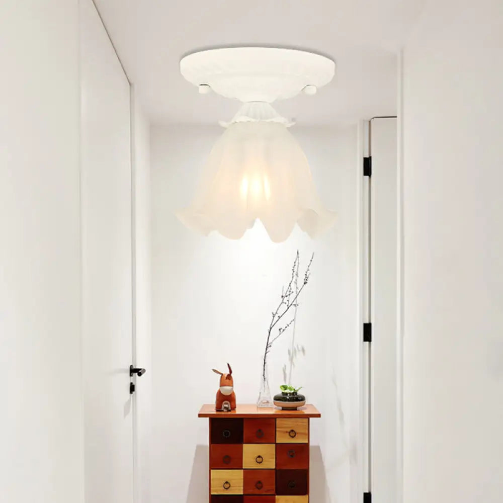 Frost Glass Ruffle Semi Flush Ceiling Light - Single - Bulb Pastoral Bedroom Fixture White
