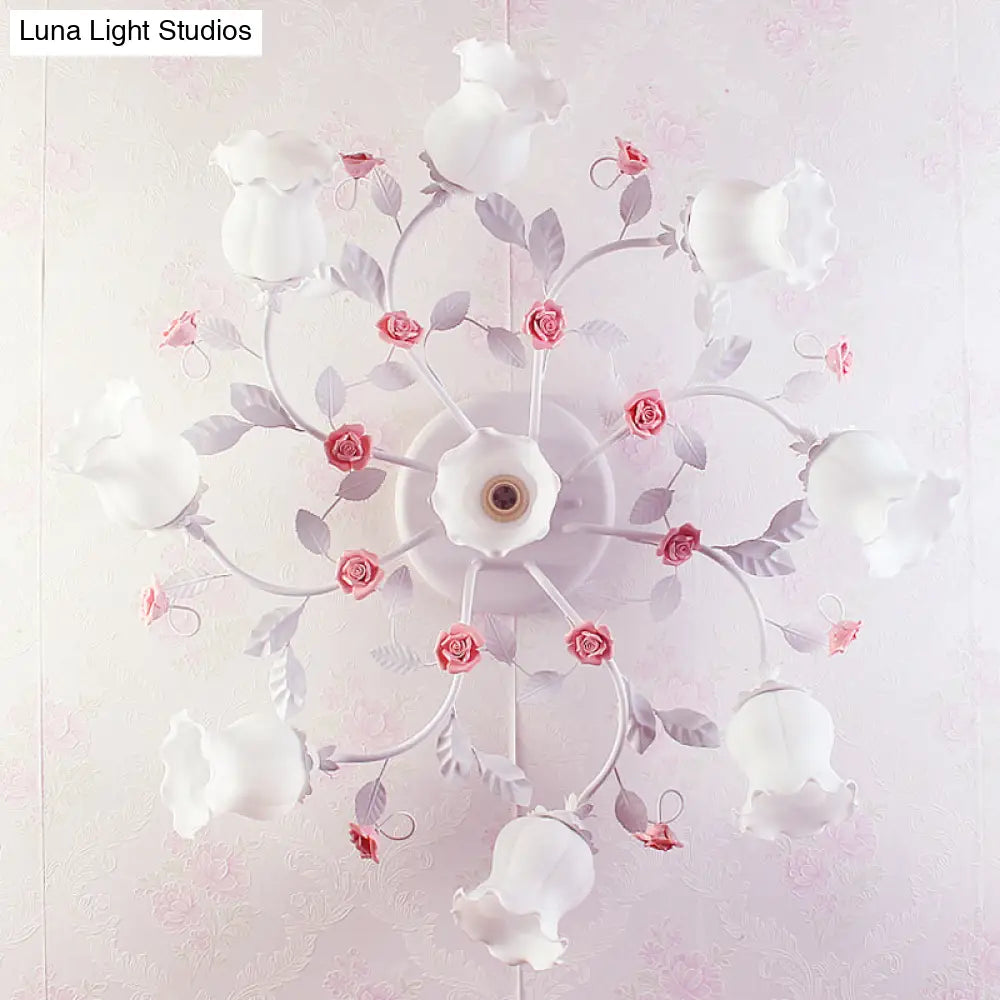 Frosted Cream Glass Ruffle Ceiling Light - 9 Lights Semi Flush Mounted Lamp For Bedrooms Pink/Green