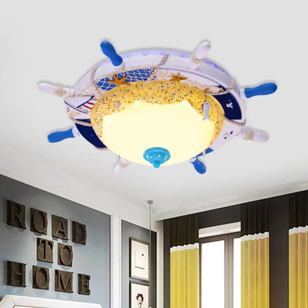 Frosted Dome Opal Glass Ceiling Light - Kid’s White Led Flush Mount With Rudder Canopy & Marine