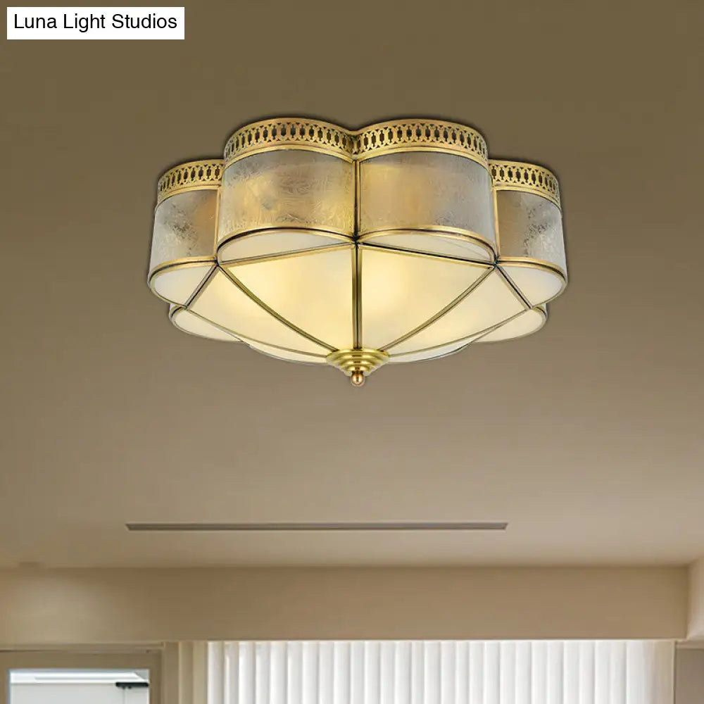 Frosted Glass And Brass Colonial Style Flush Mount Ceiling Lamp With Curved Design - Ideal For