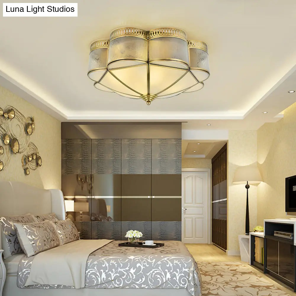 Frosted Glass And Brass Colonial Style Flush Mount Ceiling Lamp With Curved Design - Ideal For