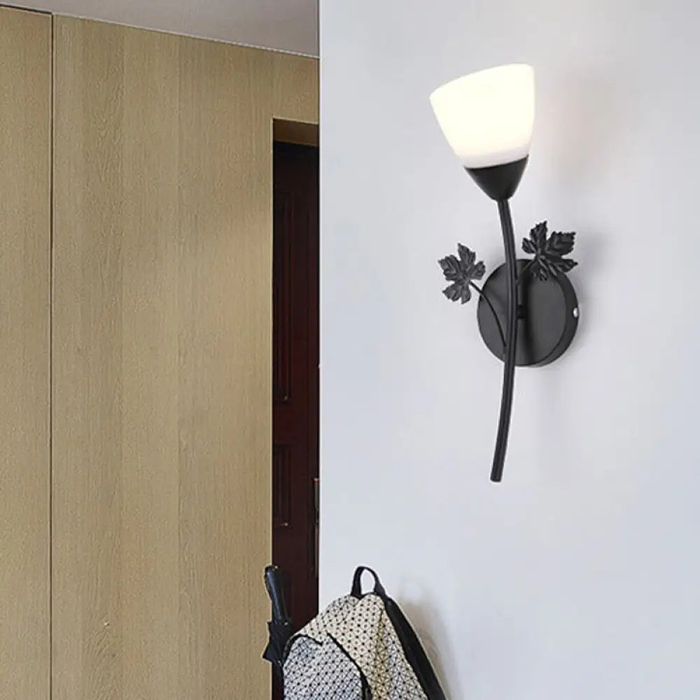 Frosted Glass Bowl Sconce - Contemporary 1/2-Light Hall Wall Mount Fixture With Leaf-Shaped Decor