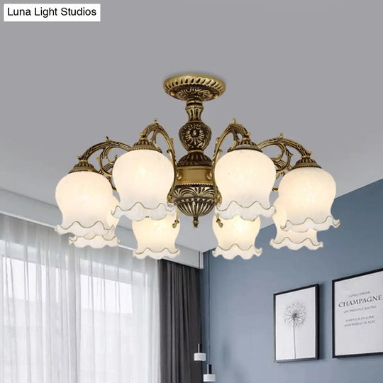 Frosted Glass Bronze Semi Flush Ceiling Lamp With Flower Design - 3/5/6-Bulb Antique Lighting