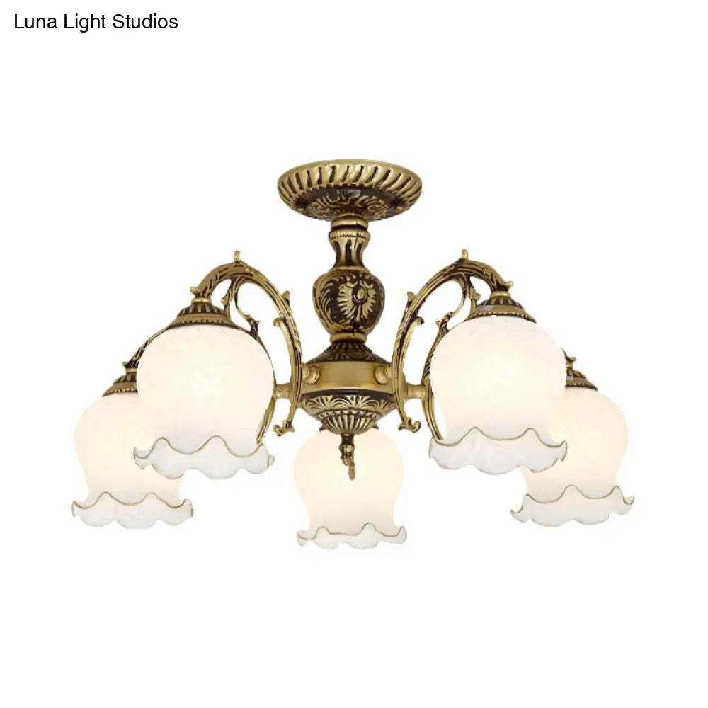 Frosted Glass Bronze Semi Flush Ceiling Lamp With Flower Design - 3/5/6 - Bulb Antique Lighting