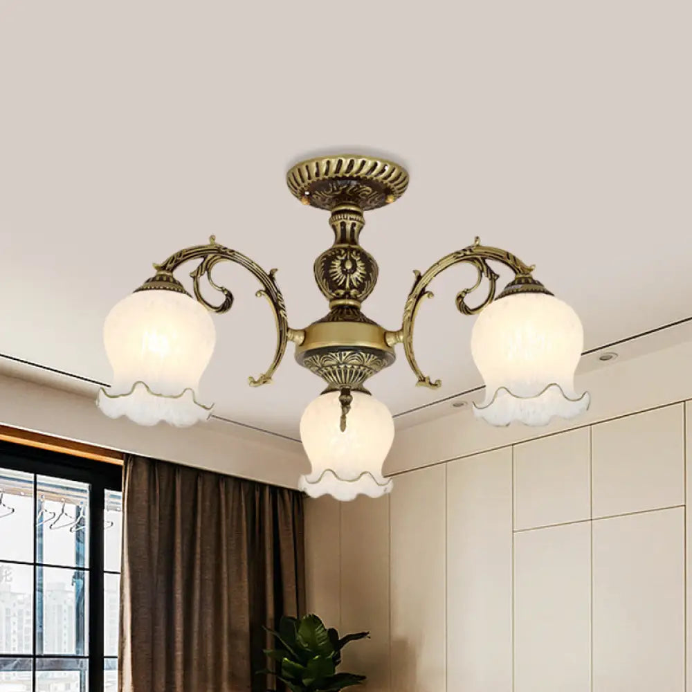 Frosted Glass Bronze Semi Flush Ceiling Lamp With Flower Design - 3/5/6 - Bulb Antique Lighting 3 /