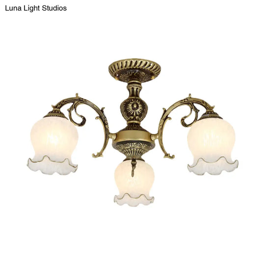 Frosted Glass Bronze Semi Flush Ceiling Lamp With Flower Design - 3/5/6 - Bulb Antique Lighting