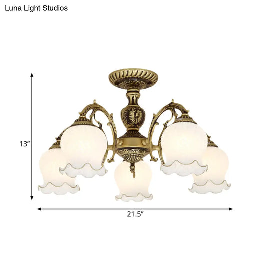 Frosted Glass Bronze Semi Flush Ceiling Lamp With Flower Design - 3/5/6 - Bulb Antique Lighting