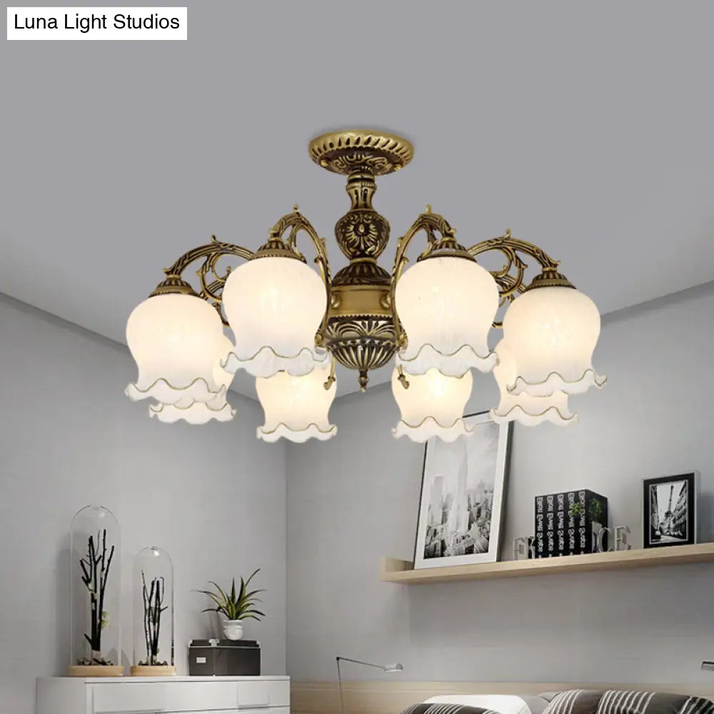 Frosted Glass Bronze Semi Flush Ceiling Lamp With Flower Design - 3/5/6 - Bulb Antique Lighting