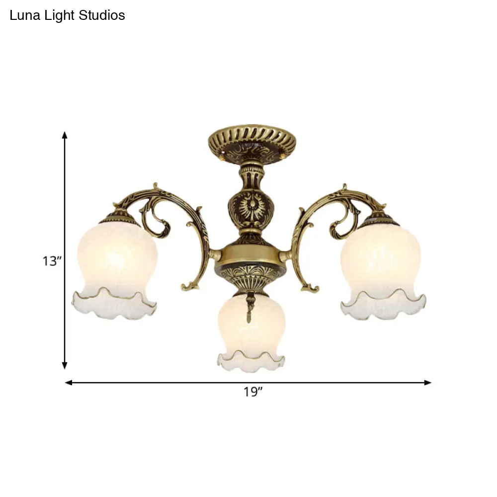 Frosted Glass Bronze Semi Flush Ceiling Lamp With Flower Design - 3/5/6-Bulb Antique Lighting