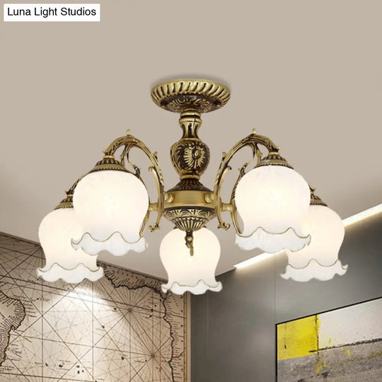 Frosted Glass Bronze Semi Flush Ceiling Lamp With Flower Design - 3/5/6-Bulb Antique Lighting 5 /