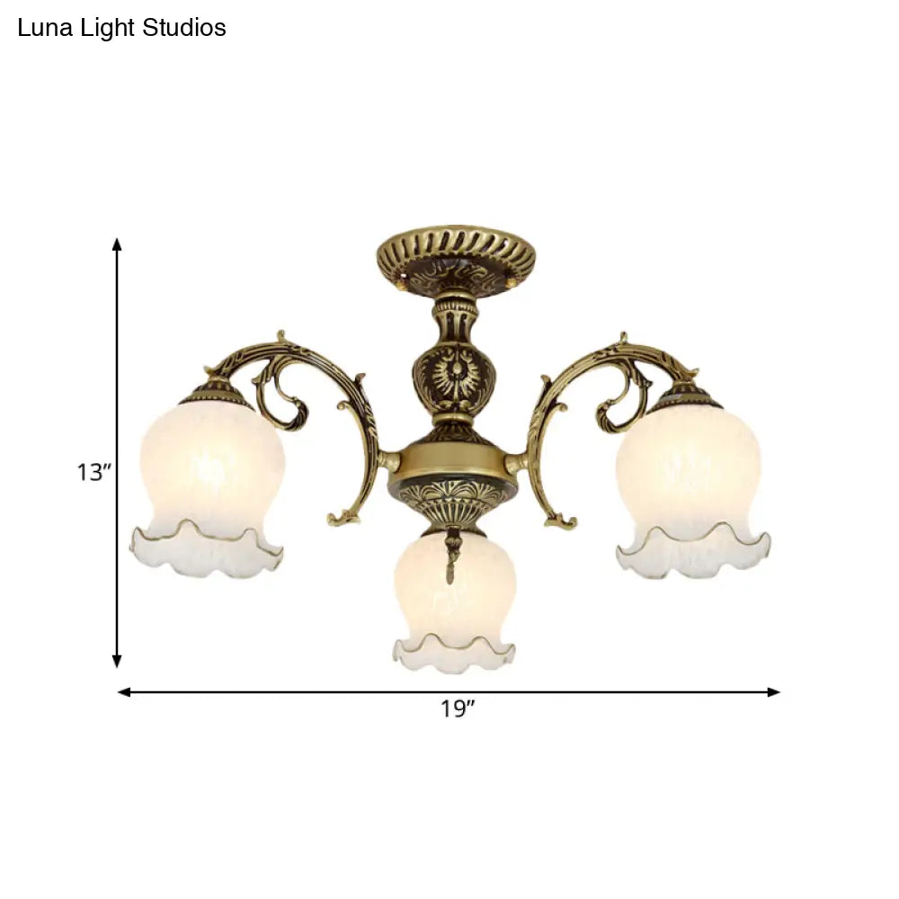 Frosted Glass Bronze Semi Flush Ceiling Lamp With Flower Design - 3/5/6 - Bulb Antique Lighting