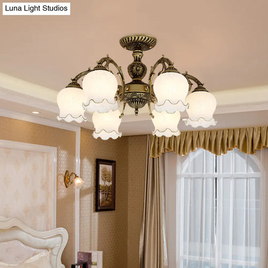 Frosted Glass Bronze Semi Flush Ceiling Lamp With Flower Design - 3/5/6 - Bulb Antique Lighting