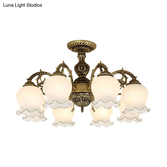 Frosted Glass Bronze Semi Flush Ceiling Lamp With Flower Design - 3/5/6 - Bulb Antique Lighting