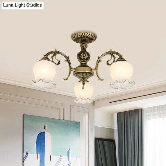 Frosted Glass Bronze Semi Flush Ceiling Lamp With Flower Design - 3/5/6 - Bulb Antique Lighting