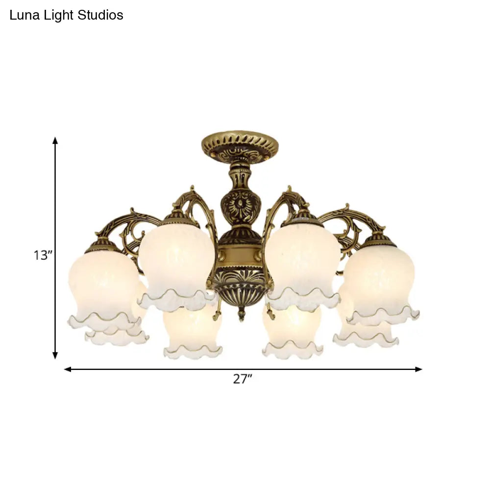 Frosted Glass Bronze Semi Flush Ceiling Lamp With Flower Design - 3/5/6 - Bulb Antique Lighting