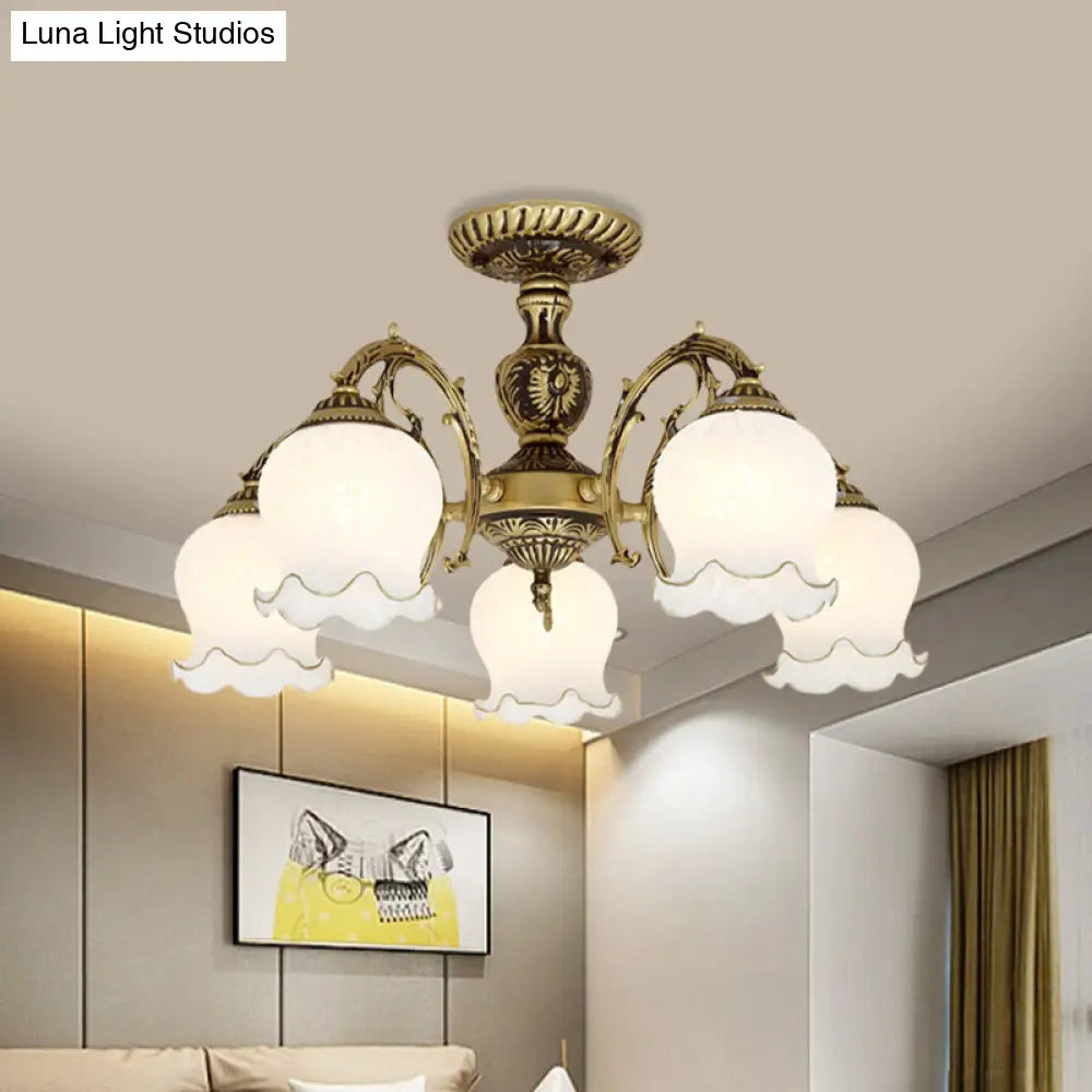 Frosted Glass Bronze Semi Flush Ceiling Lamp With Flower Design - 3/5/6 - Bulb Antique Lighting