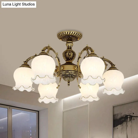 Frosted Glass Bronze Semi Flush Ceiling Lamp With Flower Design - 3/5/6-Bulb Antique Lighting 6 /