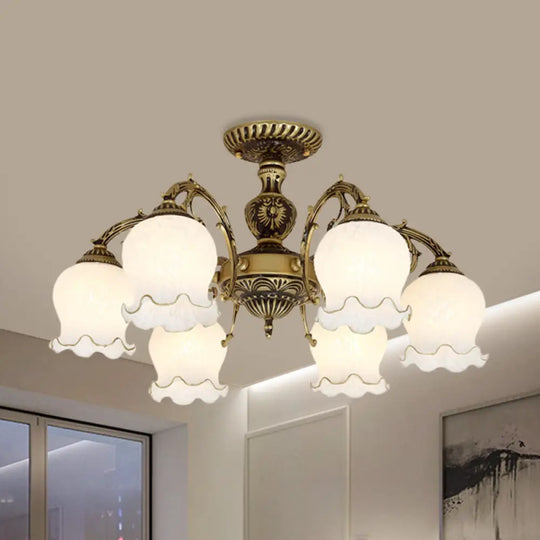 Frosted Glass Bronze Semi Flush Ceiling Lamp With Flower Design - 3/5/6 - Bulb Antique Lighting 6 /