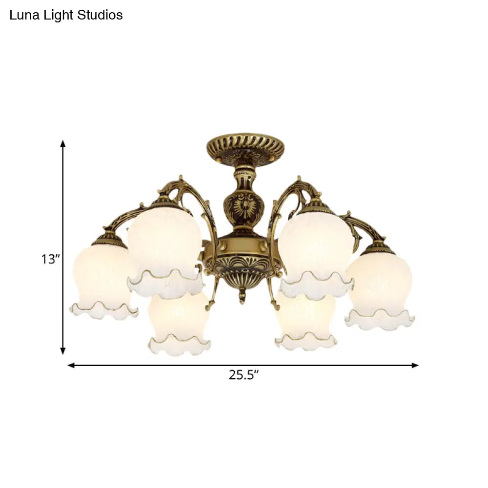 Frosted Glass Bronze Semi Flush Ceiling Lamp With Flower Design - 3/5/6 - Bulb Antique Lighting