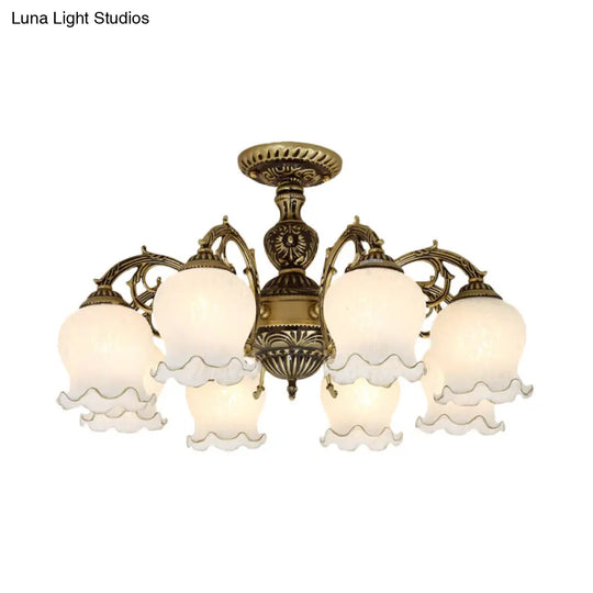 Frosted Glass Bronze Semi Flush Ceiling Lamp With Flower Design - 3/5/6-Bulb Antique Lighting