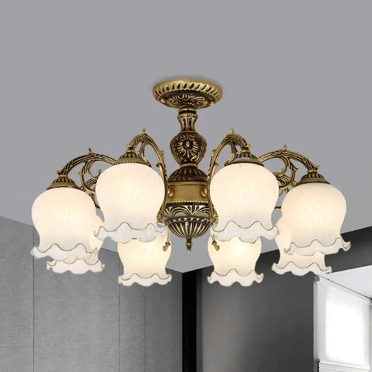 Frosted Glass Bronze Semi Flush Ceiling Lamp With Flower Design - 3/5/6 - Bulb Antique Lighting 8 /